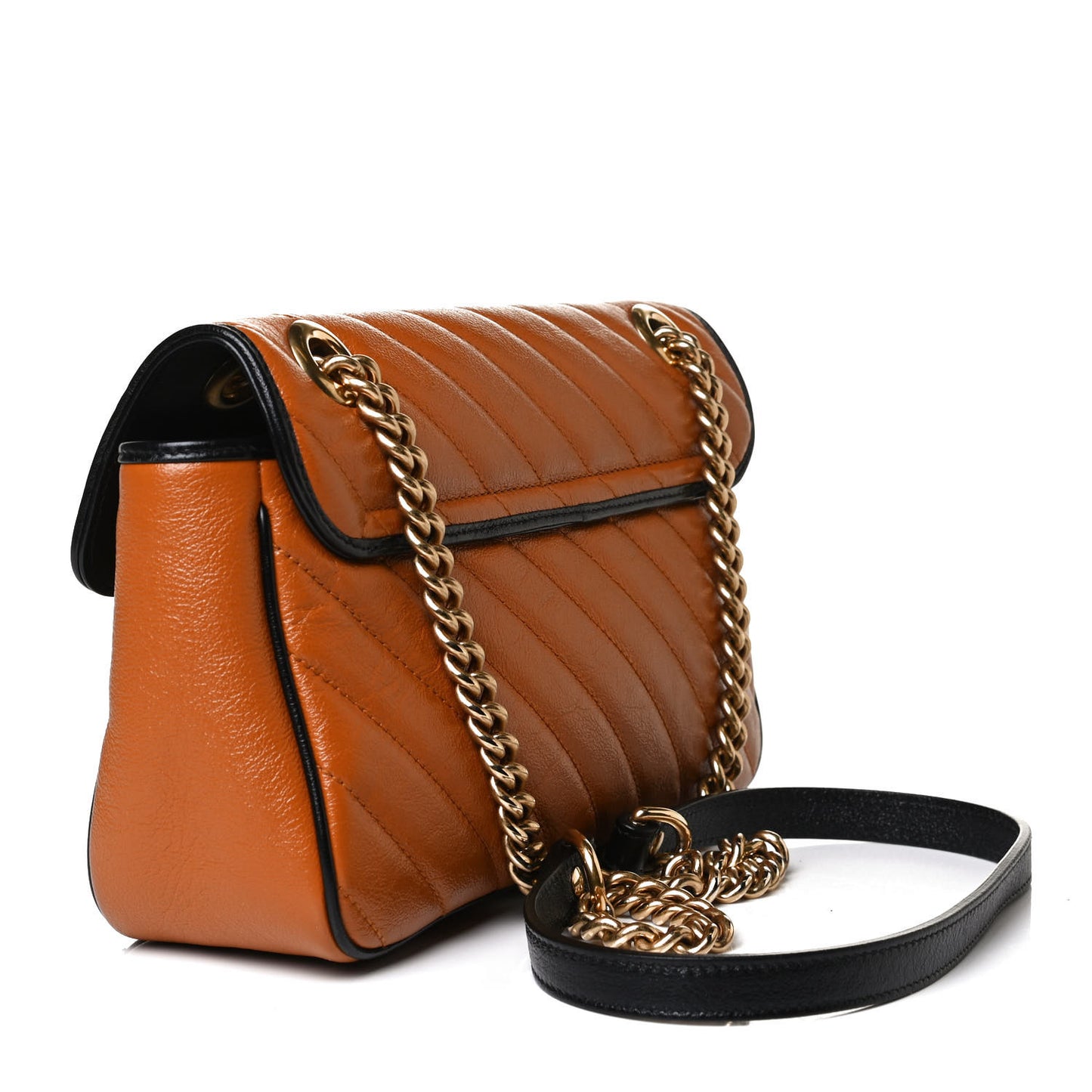 Vintage Effect Calfskin Matelasse Diagonal Small Torchon GG Marmont Shoulder Bag Cognac Black