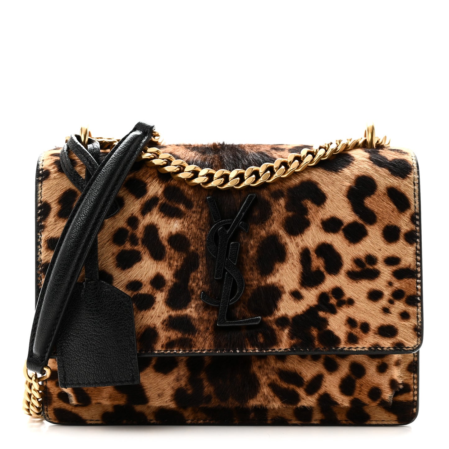 Calf Hair Leopard Print Monogram Small Sunset Chain Wallet Natural Black
