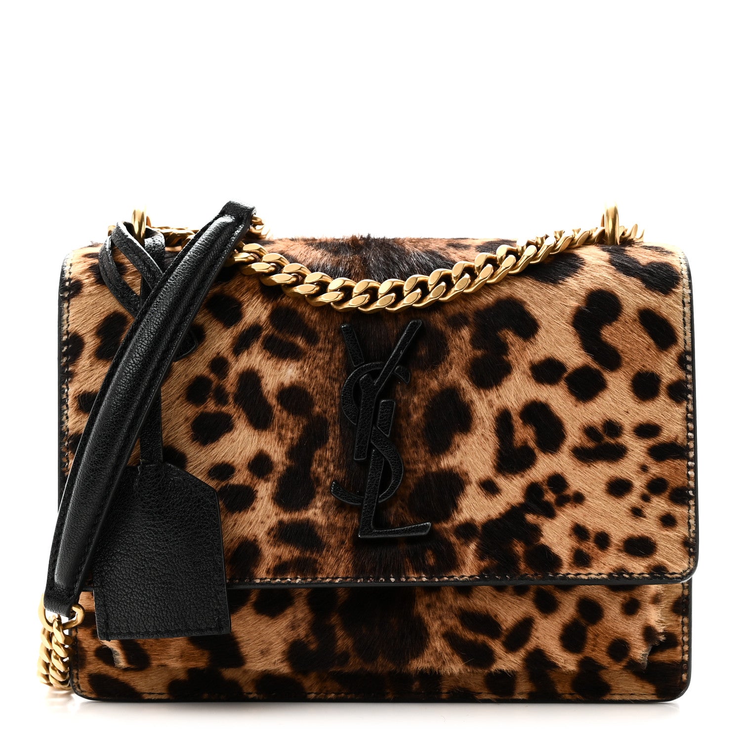 Saint Laurent Calf Hair Leopard Print Monogram Small Sunset Chain Wallet Natural Black 1 of 10