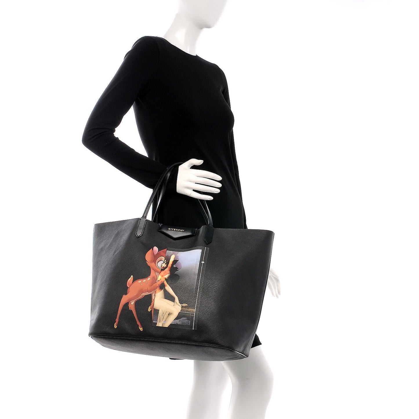 Textured Coated Canvas Bambi Print Large Antigona Tote Black