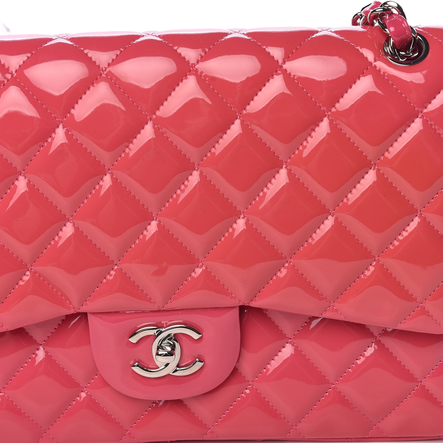 Patent Calfskin Quilted Jumbo Double Flap Fuchsia