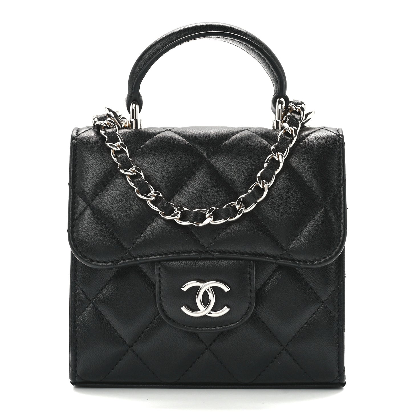 Lambskin Quilted Top Handle Flap Clutch With Chain Black