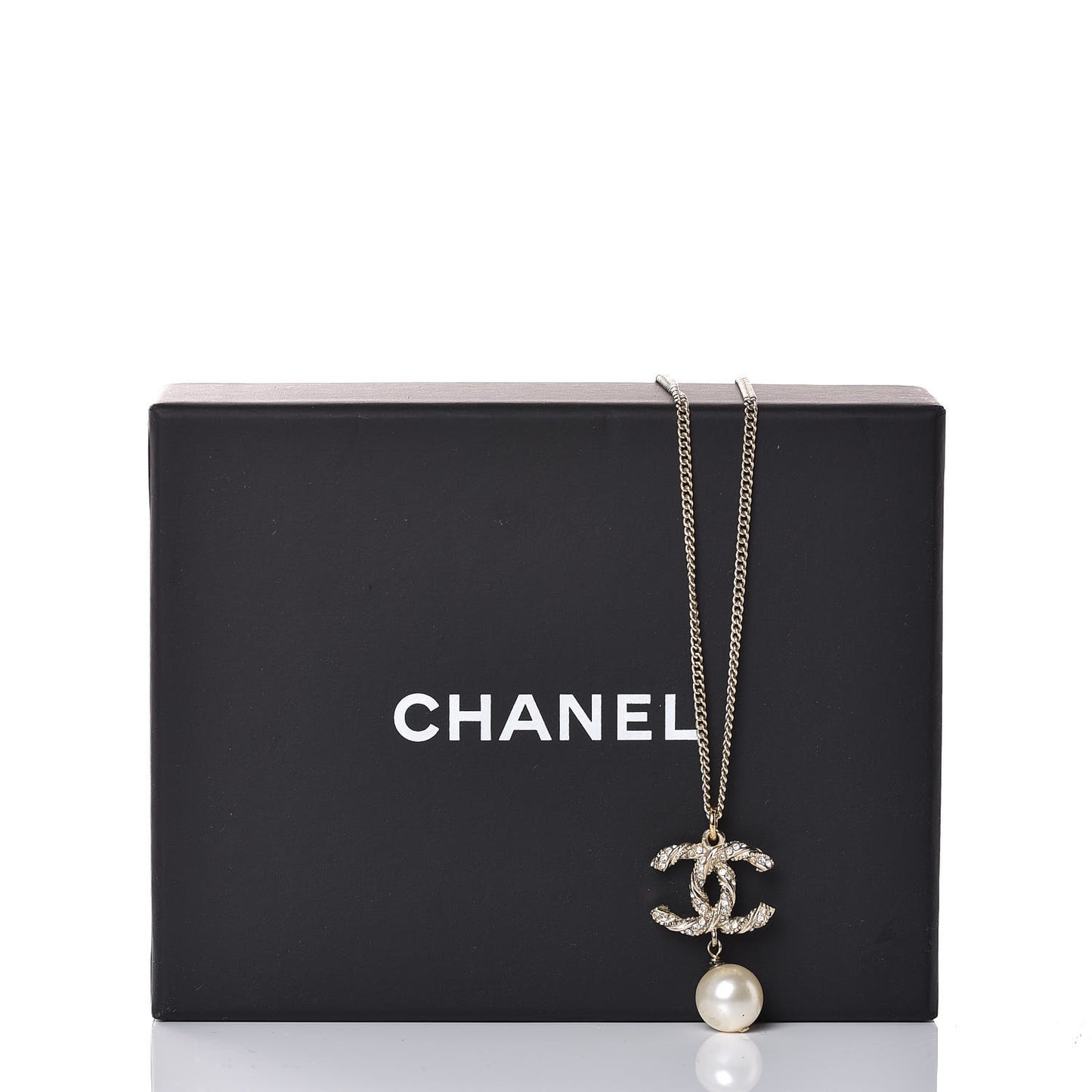 Pearl Crystal Twisted CC Drop Necklace Gold