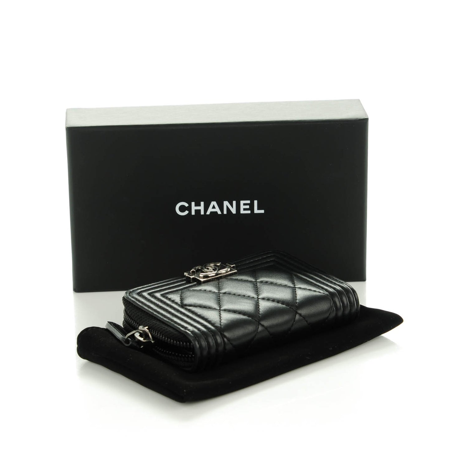 Lambskin Quilted Zip Around Boy Coin Purse Wallet Black