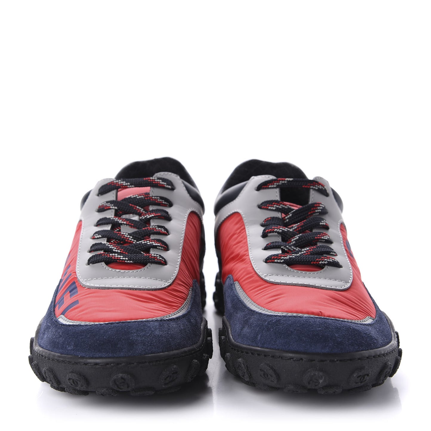 Nylon Calfskin Suede Womens CC Sneakers 37.5 Red Grey Navy