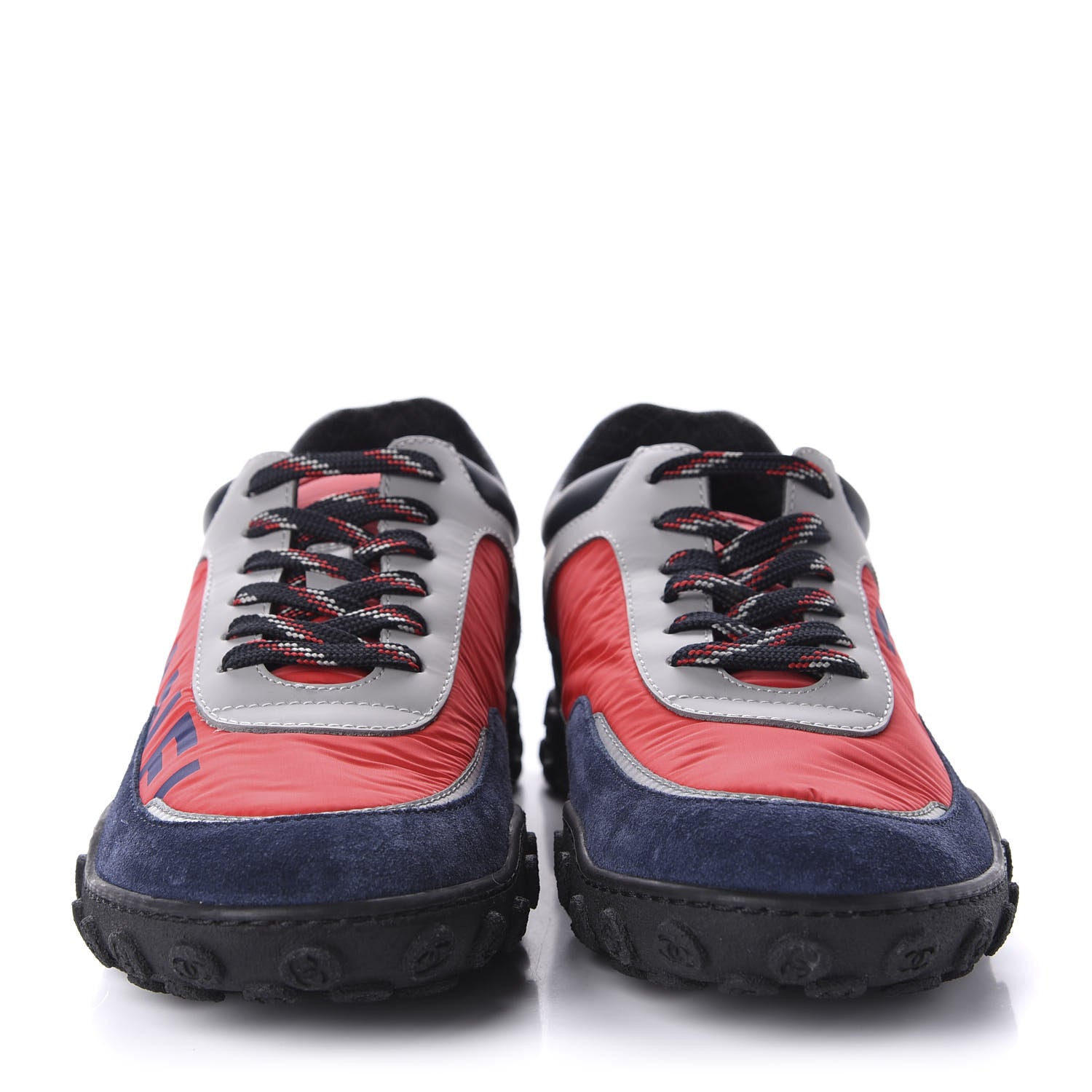 Chanel Nylon Calfskin Suede Womens CC Sneakers 37.5 Red Grey Navy 2 of 10