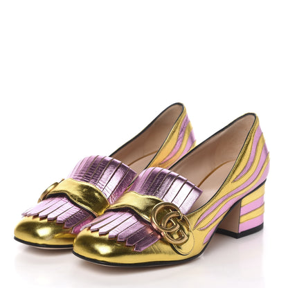 Gucci Metallic Nappa Inlay GG Marmont Fringe 50mm Loafer Pumps 35.5 Oro Vecchio Rosa 3 of 10