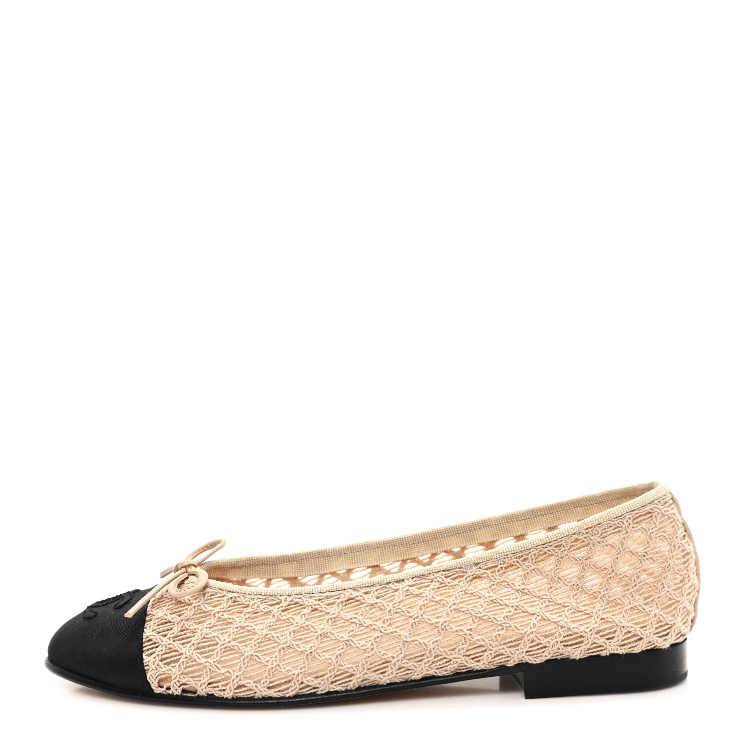 Chanel Mesh Crochet Grosgrain Cap Toe Ballerina Flats 38 Beige Black 1 of 9
