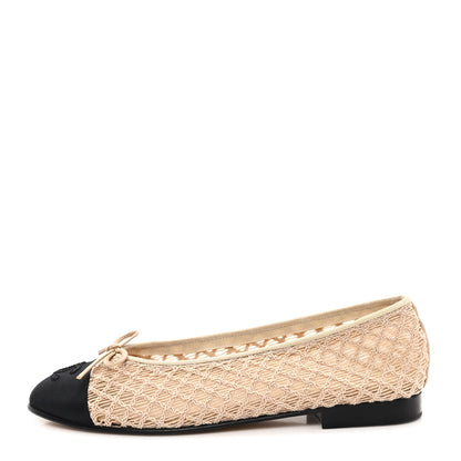 Chanel Mesh Crochet Grosgrain Cap Toe Ballerina Flats 38 Beige Black 1 of 9