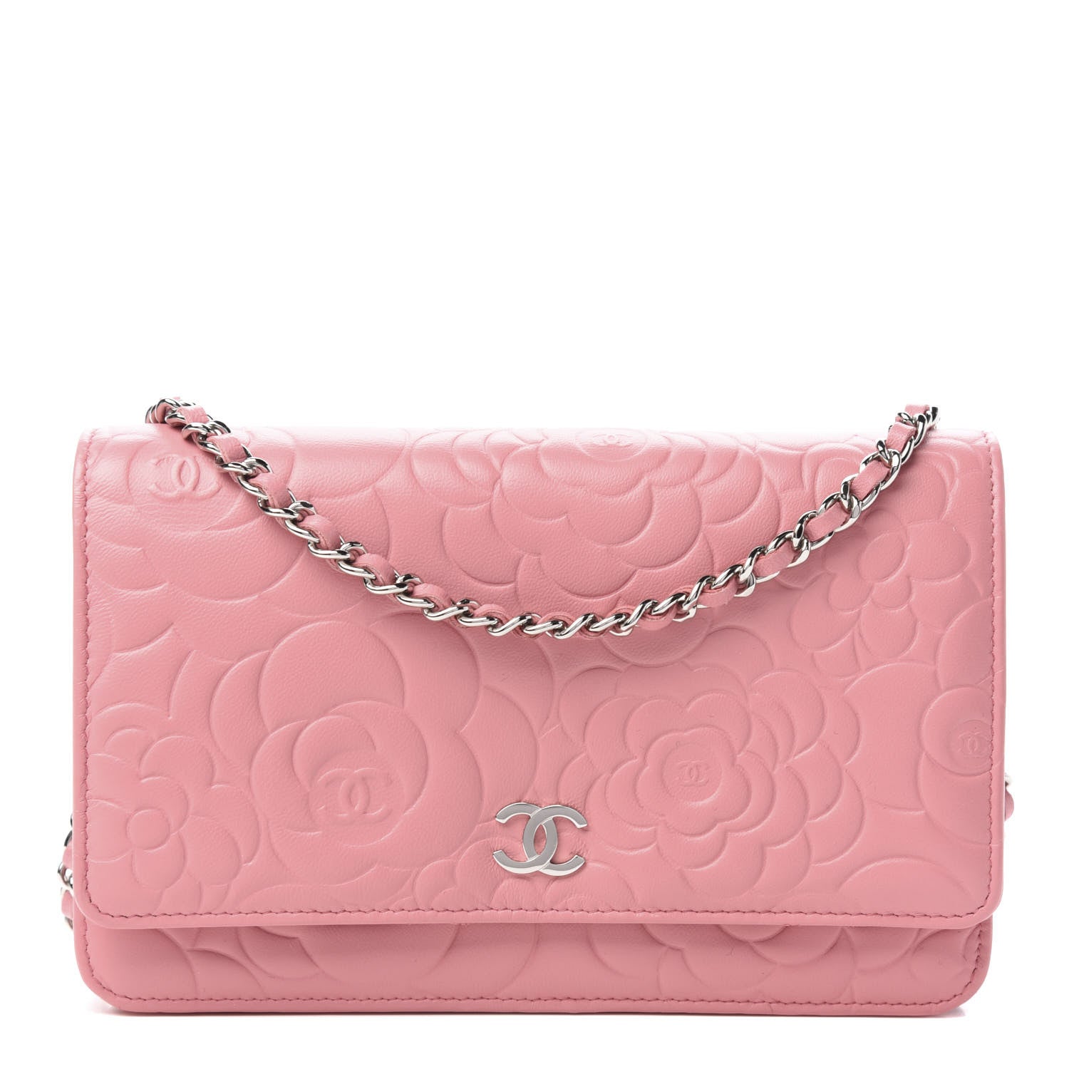 Chanel Lambskin Camellia Embossed Wallet On Chain WOC Pink 1 of 12