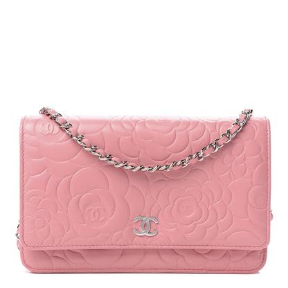 Chanel Lambskin Camellia Embossed Wallet On Chain WOC Pink 1 of 12