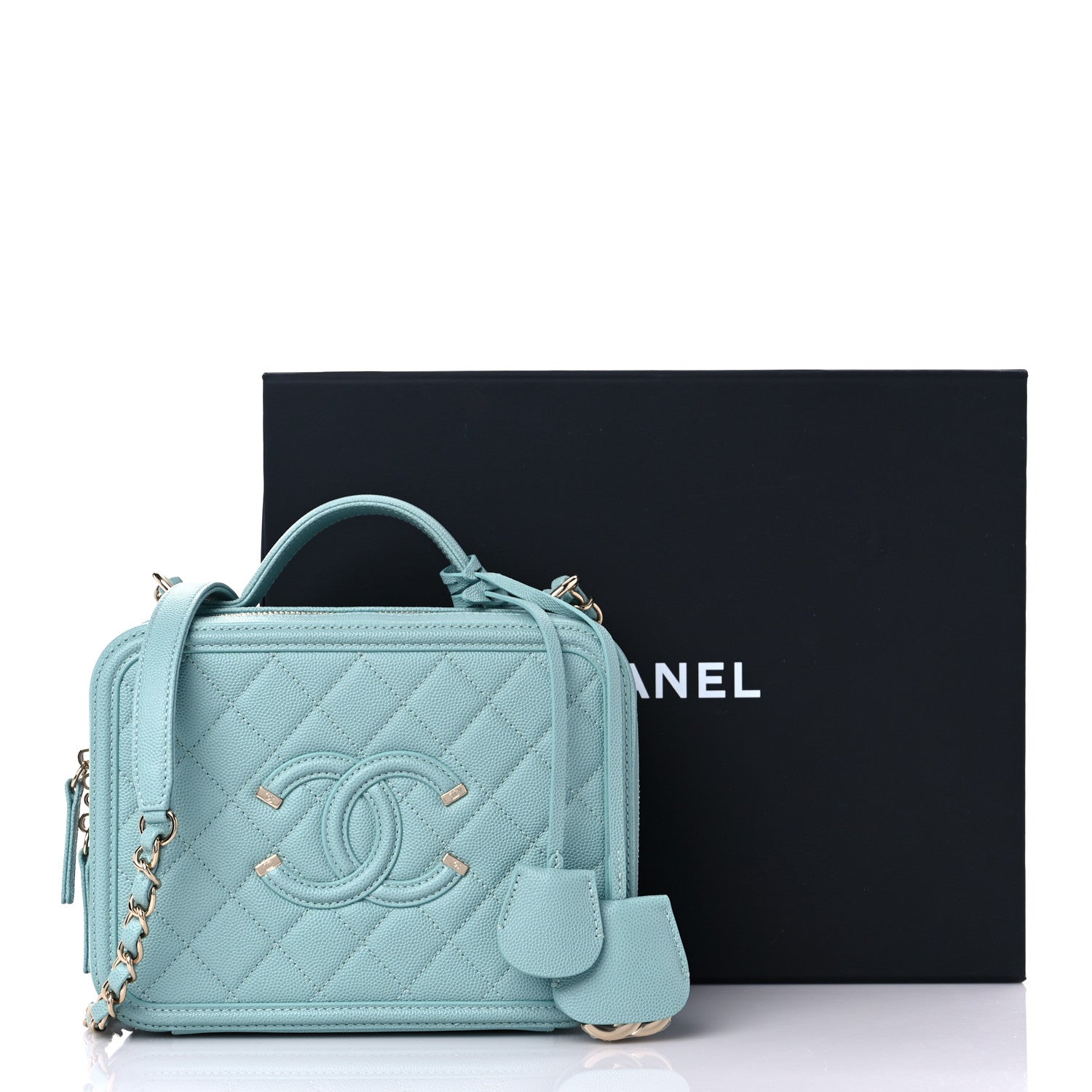 Chanel Caviar Quilted Medium CC Filigree Vanity Case Light Blue 11 of 11