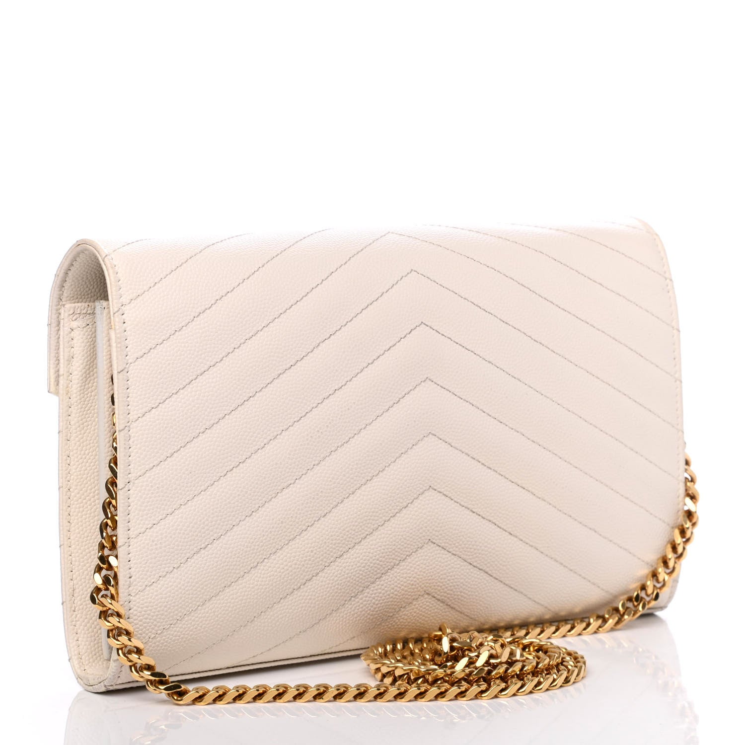 Saint Laurent Grain De Poudre Matelasse Chevron Monogram Chain Wallet White 2 of 4