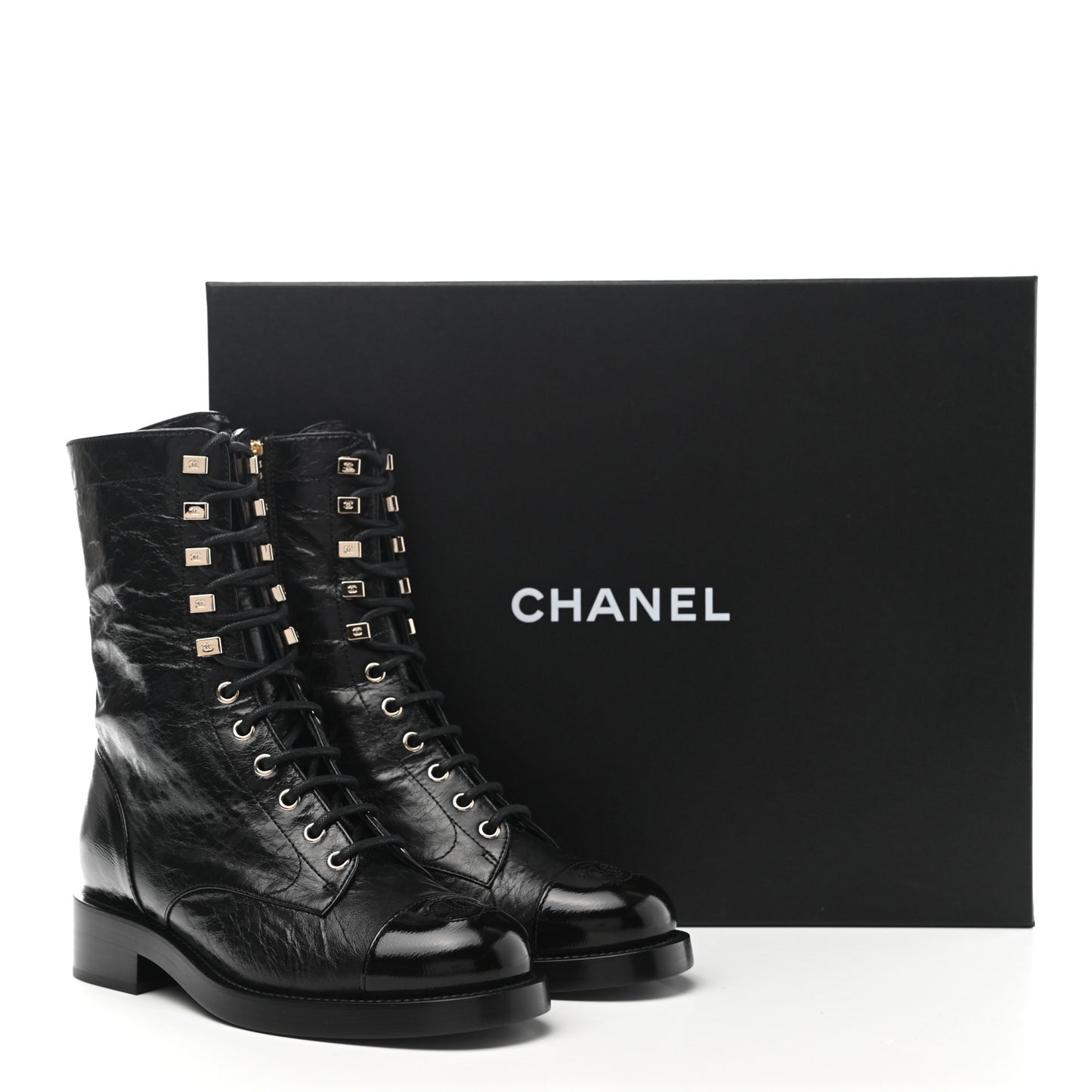 Crumpled Lambskin Shiny Calfskin Lace Up Combat Boots 35.5 Black
