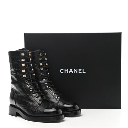 Chanel Crumpled Lambskin Shiny Calfskin Lace Up Combat Boots 35.5 Black 10 of 10
