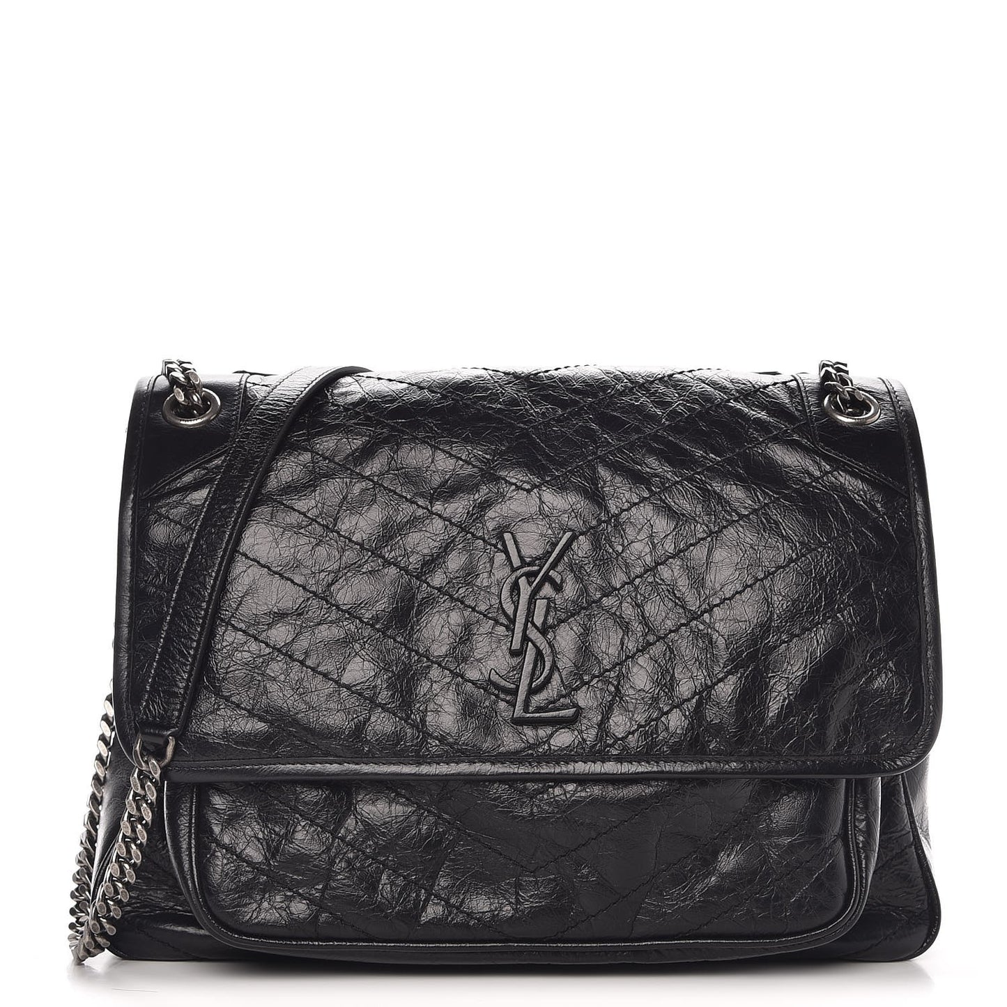 Crinkled Calfskin Matelasse Monogram Large Niki Chain Satchel Black