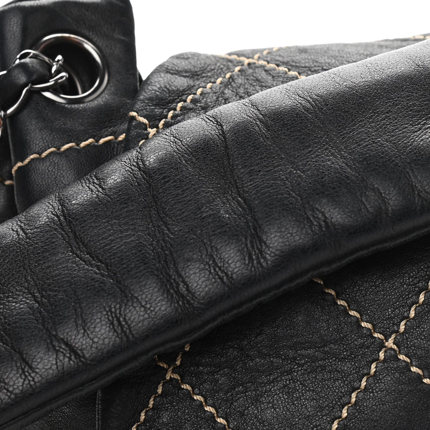 Lambskin Contrast Stitch Surpique Accordion Flap Black