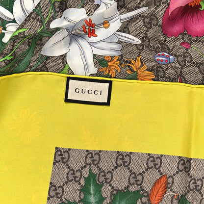 Gucci Silk Twill GG Monogram Flora Fluo GG Square Scarf Beige Yellow 3 of 4