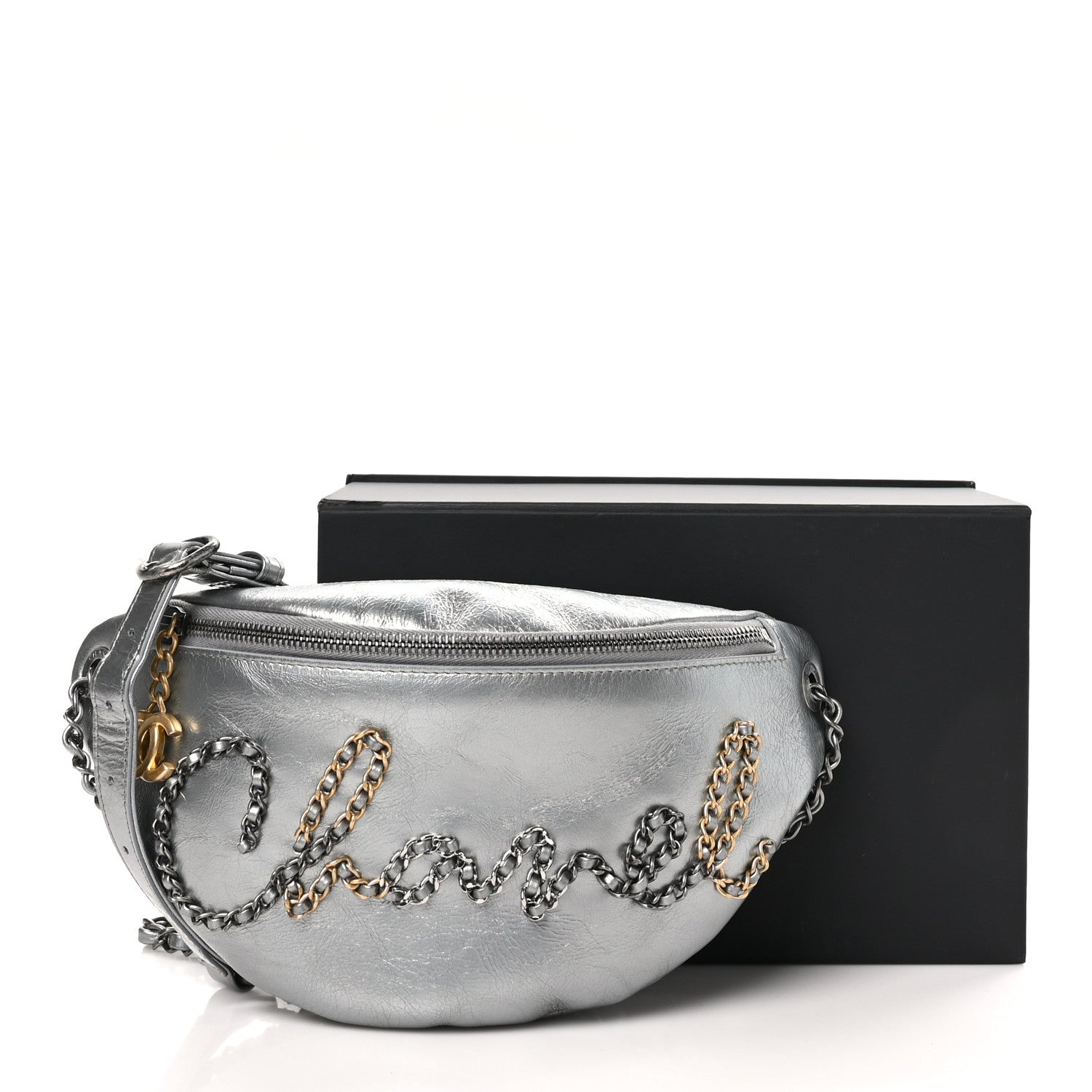 Chanel Metallic Crumpled Calfskin Chain 20s Signe Waist Bag Silver 11 of 11