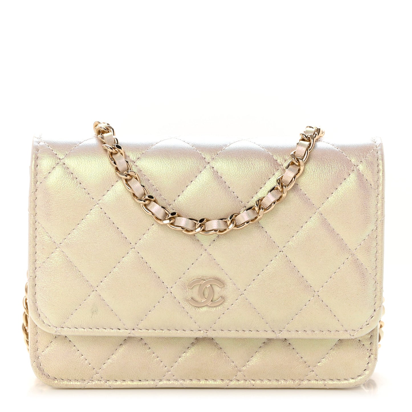 Iridescent Lambskin Quilted Mini Wallet On Chain WOC Ivory