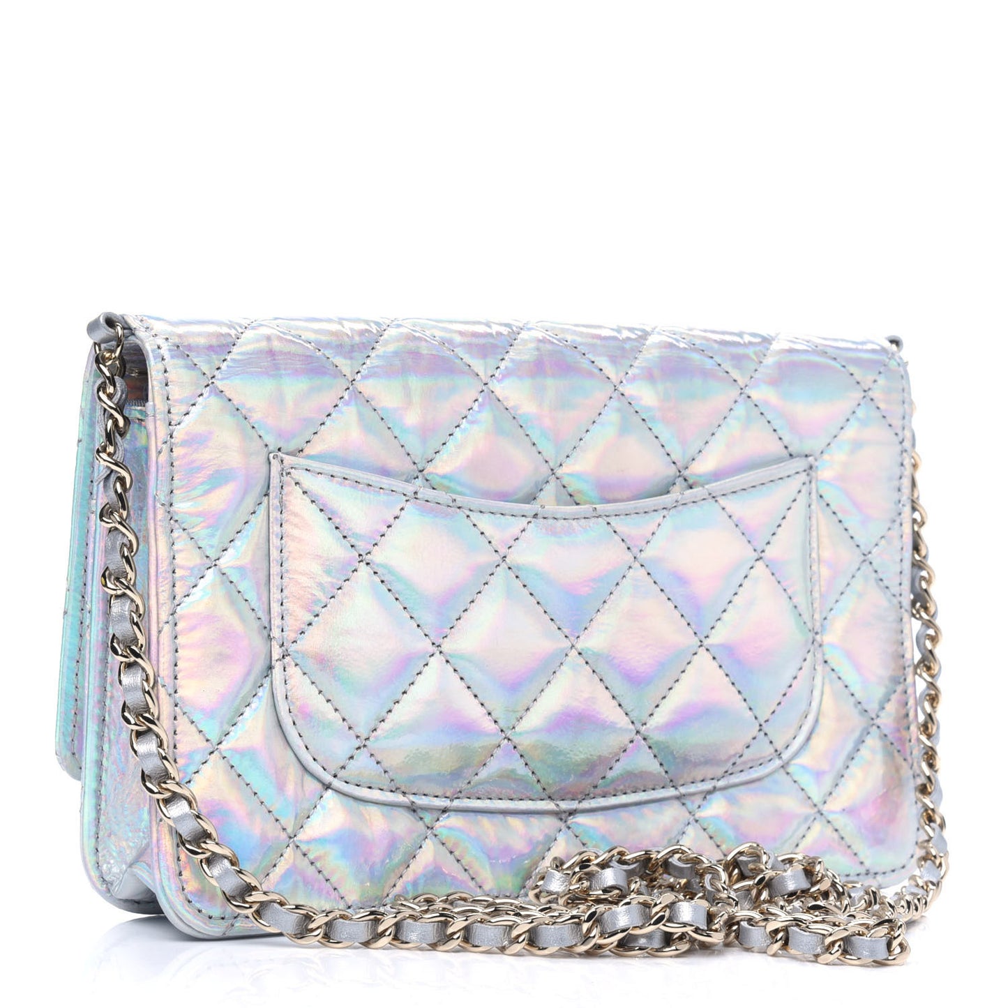 Iridescent Goatskin Quilted Wallet On Chain WOC Silver