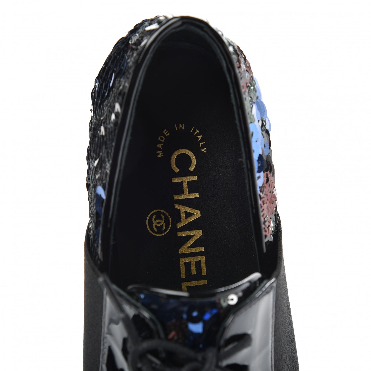Patent Calfskin Sequin CC Cap Toe Womens Lace Up Oxfords 36 Blue Black