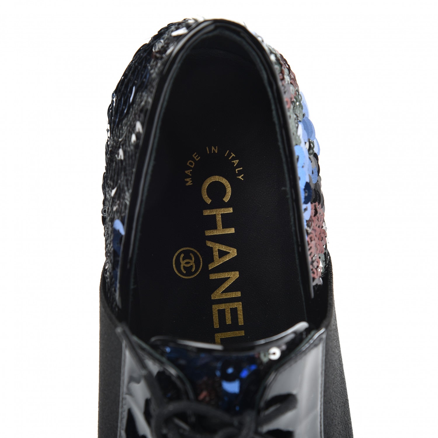 Chanel Patent Calfskin Sequin CC Cap Toe Womens Lace Up Oxfords 36 Blue Black 6 of 8