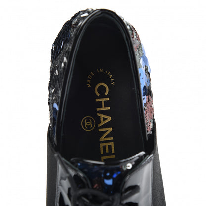 Chanel Patent Calfskin Sequin CC Cap Toe Womens Lace Up Oxfords 36 Blue Black 6 of 8