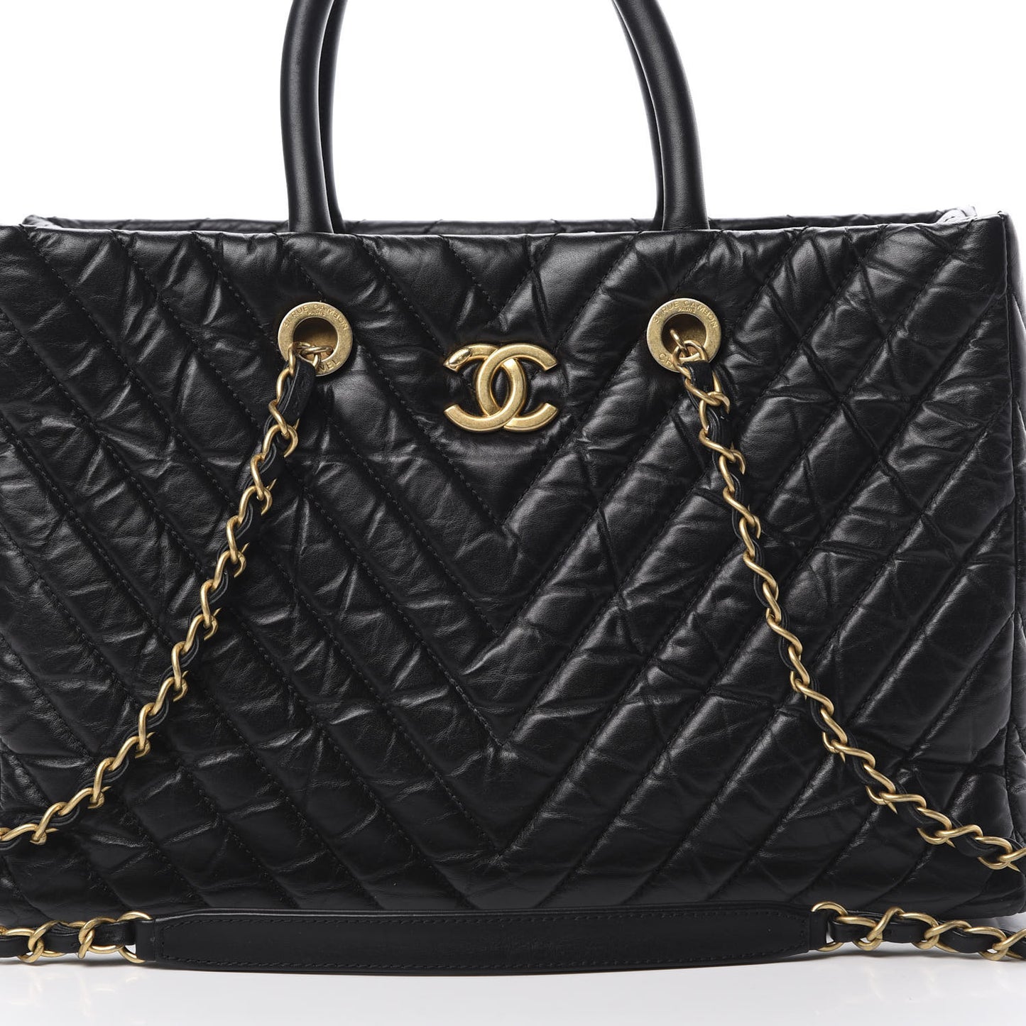 Aged Calfskin Chevron Coco Handle Shopping Tote Black