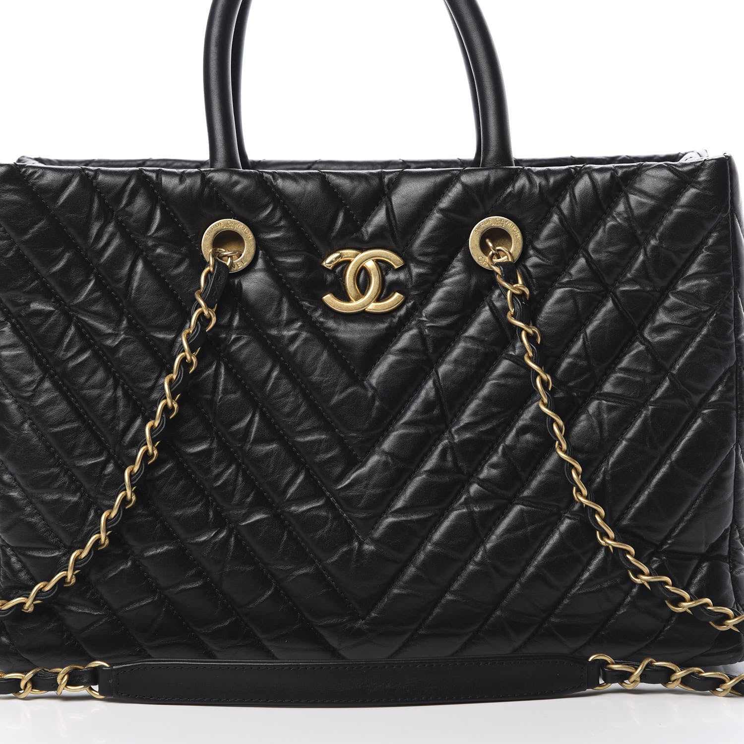 Chanel Aged Calfskin Chevron Coco Handle Shopping Tote Black 9 of 13