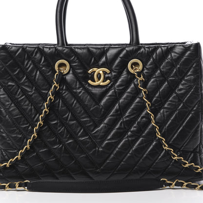 Chanel Aged Calfskin Chevron Coco Handle Shopping Tote Black 9 of 13
