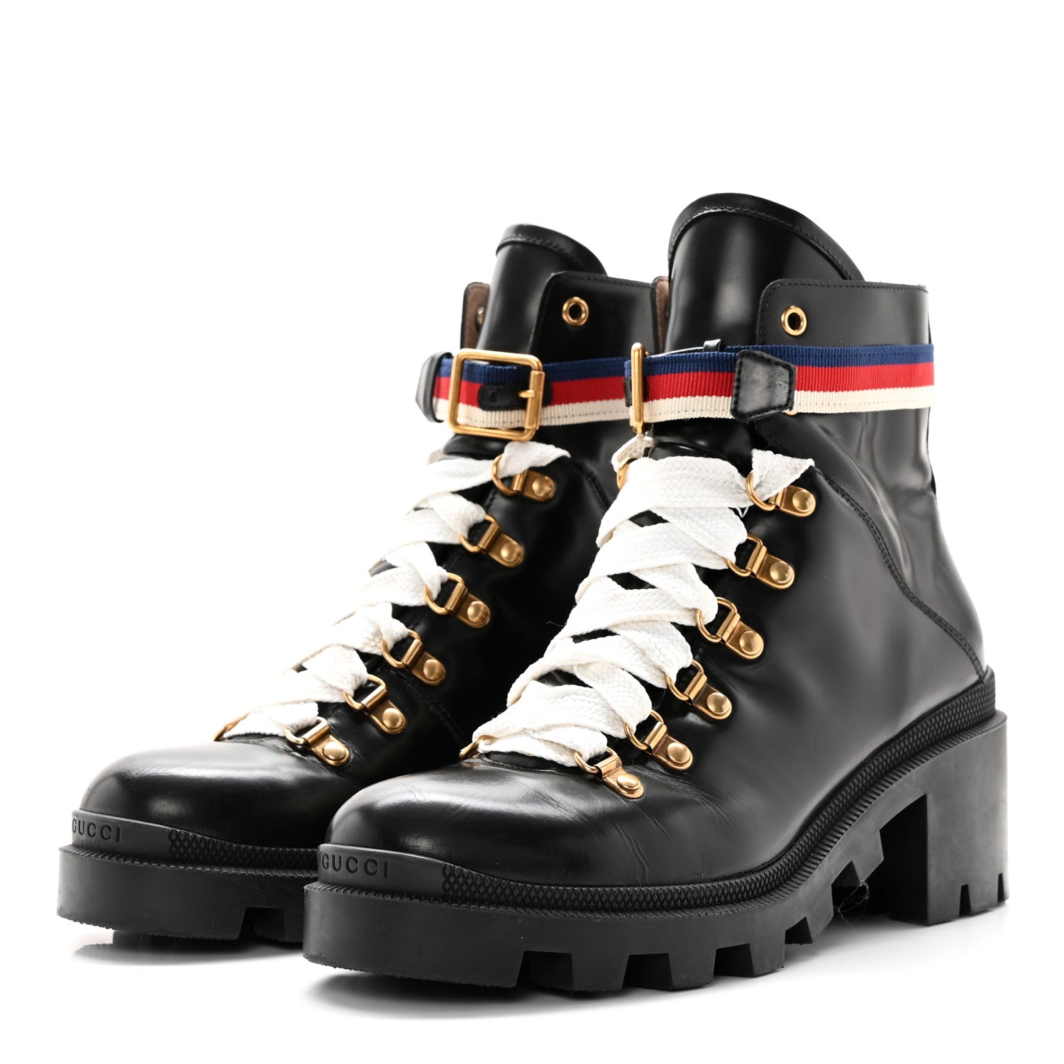 Gucci Calfskin Sylvie Web Womens Lace Up Combat Boots 39 Black 3 of 21