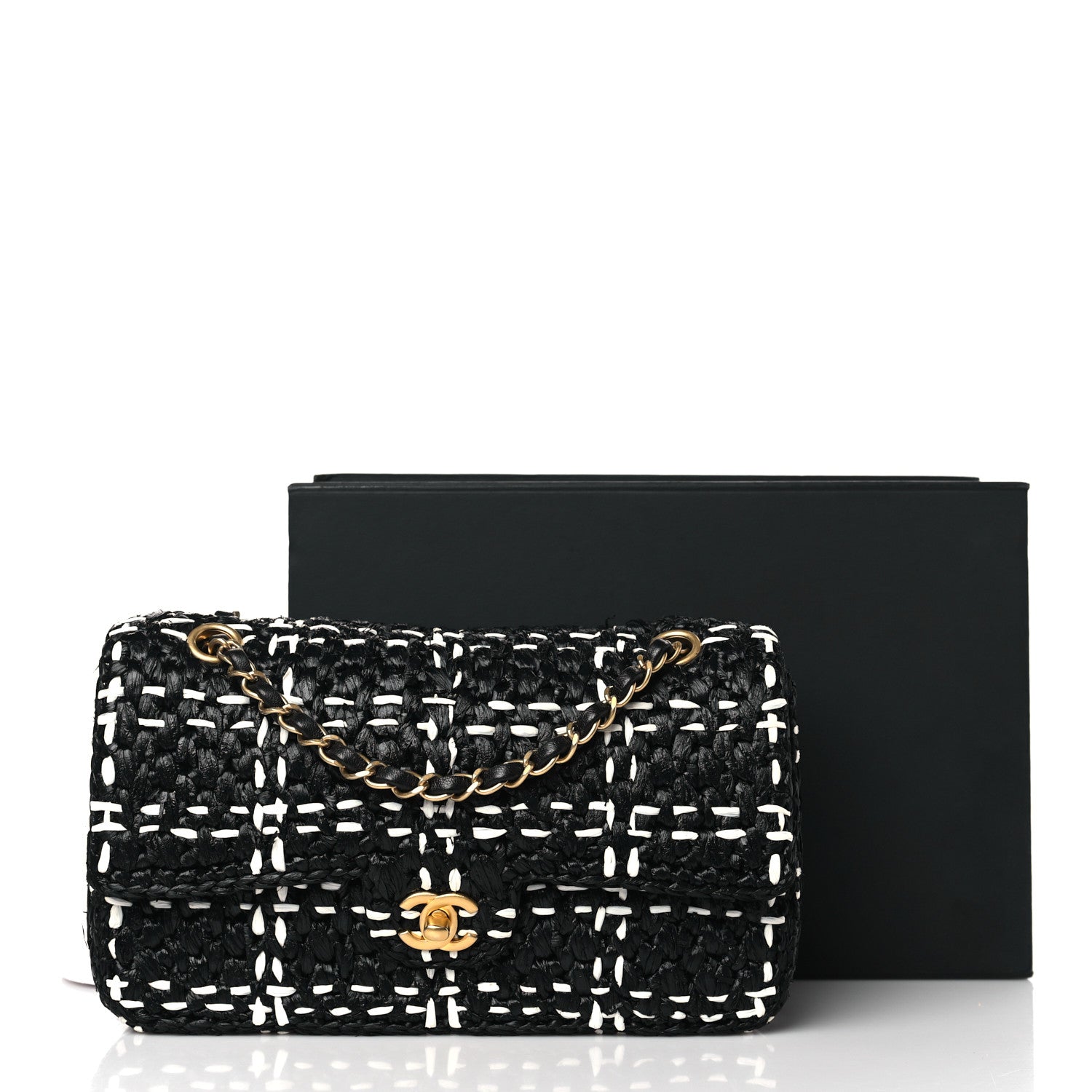 Chanel Raffia Effect Medium Tweedy Flap Bag Black White 14 of 14