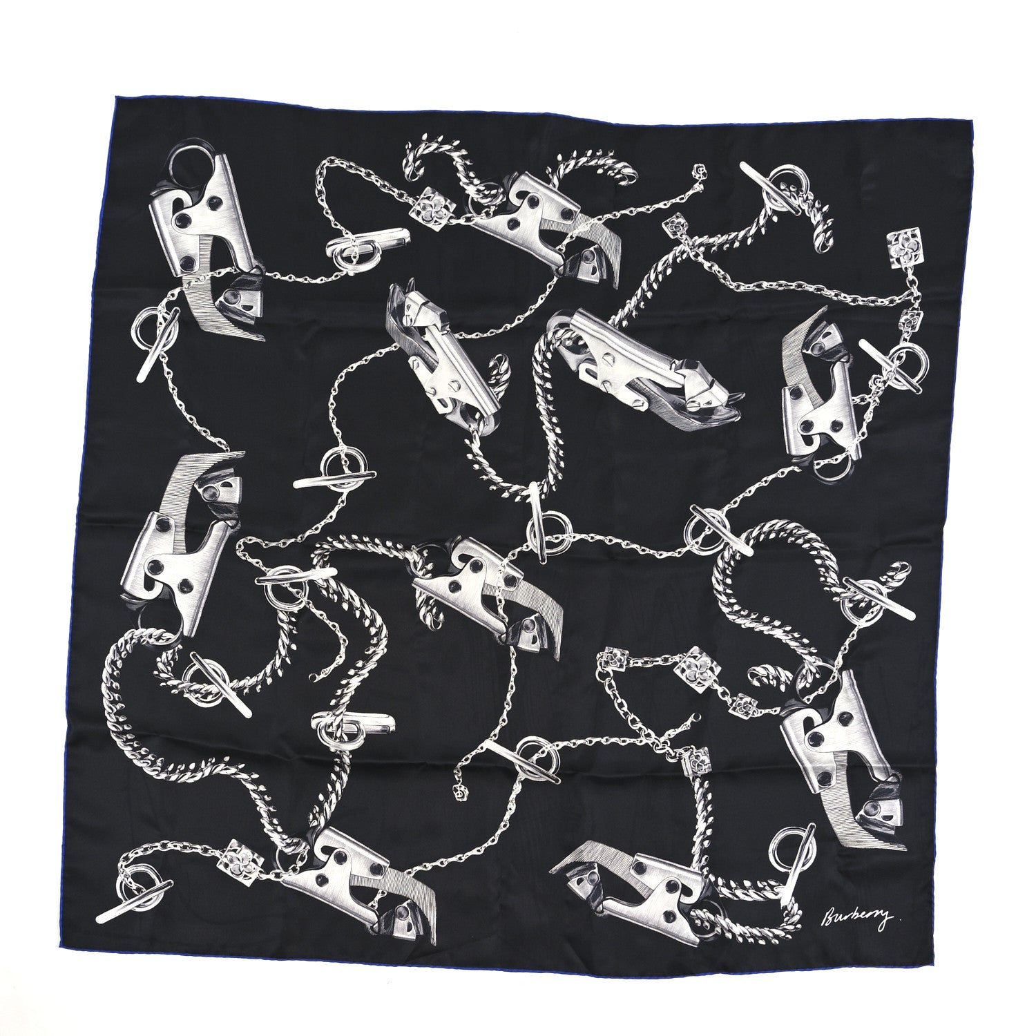 Burberry Silk Knight Clip Square Scarf Black Blue 1 of 8