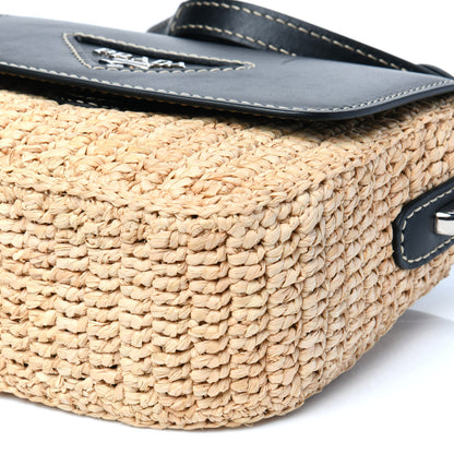 Prada Raffia Vitello Flap Shoulder Bag Naturale Black 8 of 12
