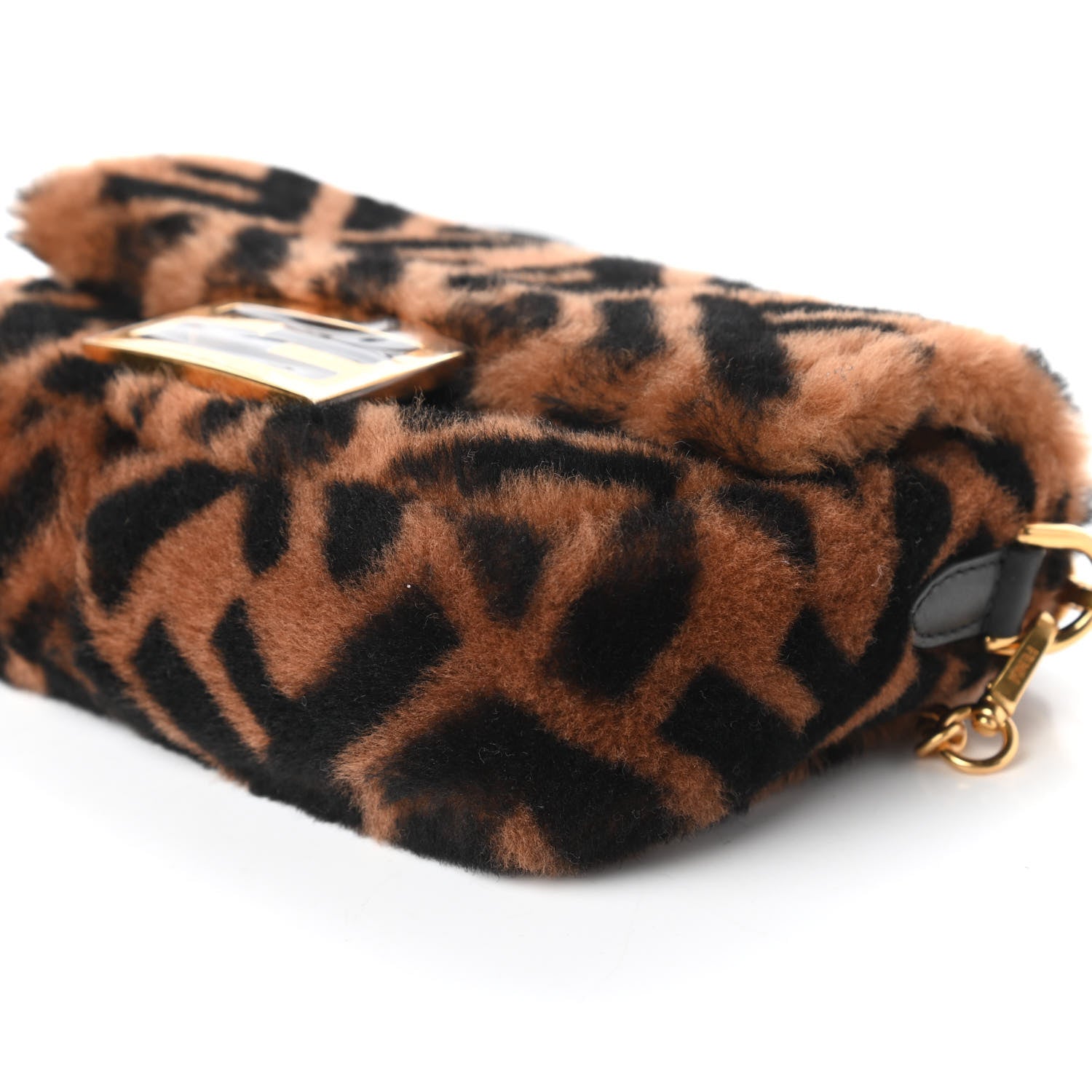 Fendi Shearling Vitello Dolce Macro FF 1974 Mini Baguette Tobacco Black 7 of 10
