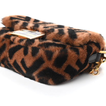 Fendi Shearling Vitello Dolce Macro FF 1974 Mini Baguette Tobacco Black 7 of 10