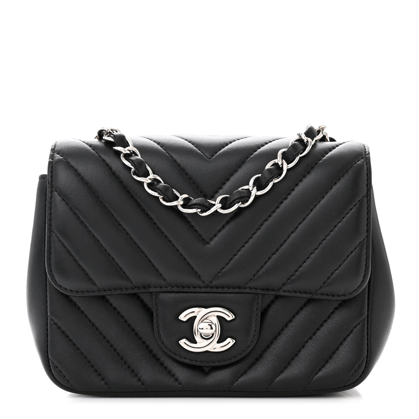 Lambskin Chevron Quilted Mini Square Flap Black