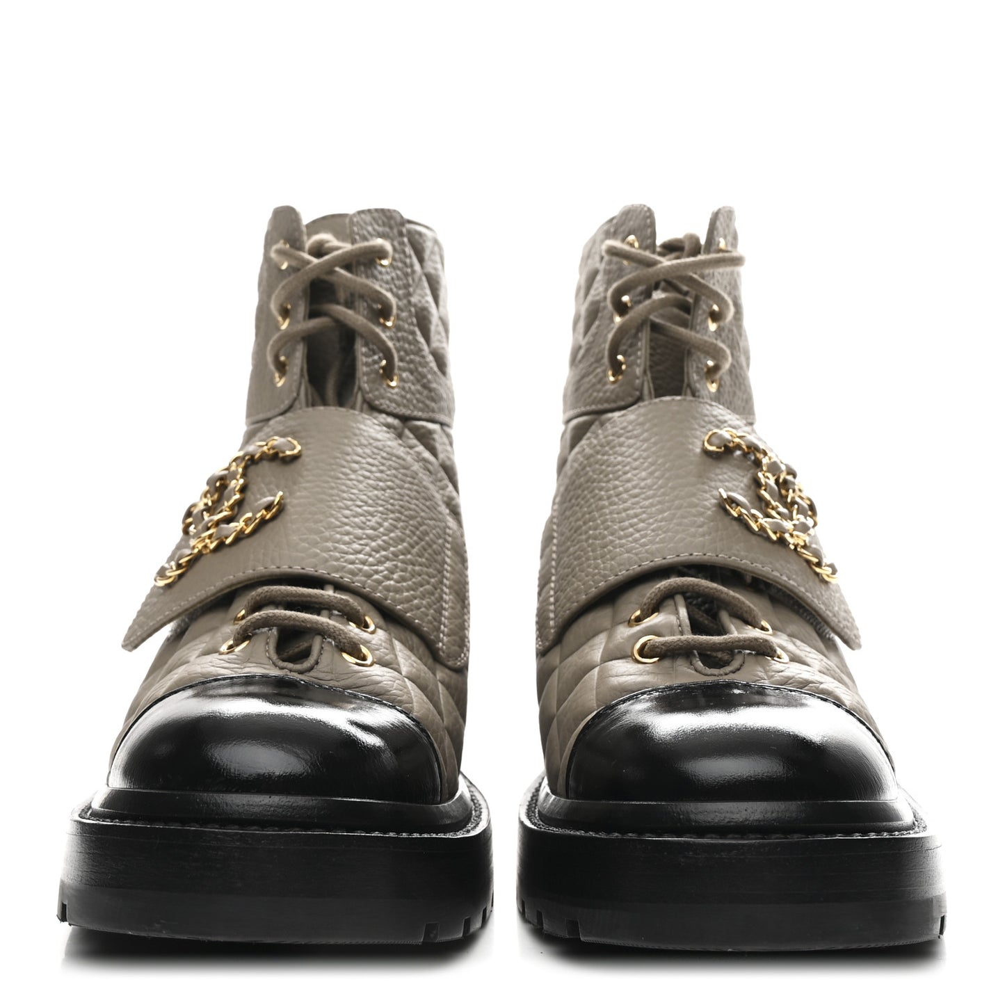 Calfskin Shiny Calfskin Quilted Lace Up Combat Boots 38 Dark Beige Black