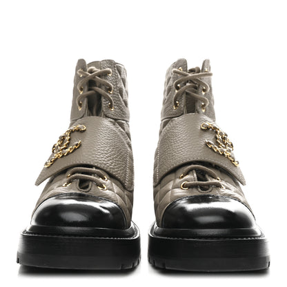 Chanel Calfskin Shiny Calfskin Quilted Lace Up Combat Boots 38 Dark Beige Black 3 of 11