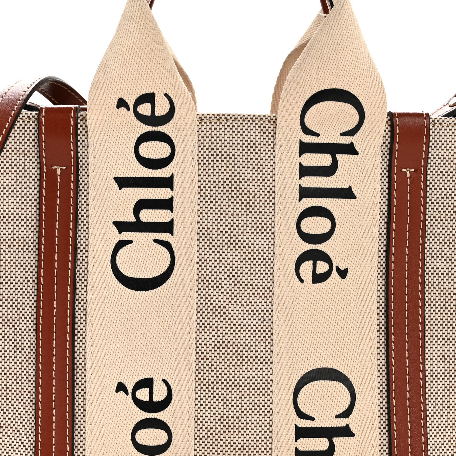 Chloe Cotton Calfskin Small Woody Ribbon Tote With Strap White Brown 15 of 23