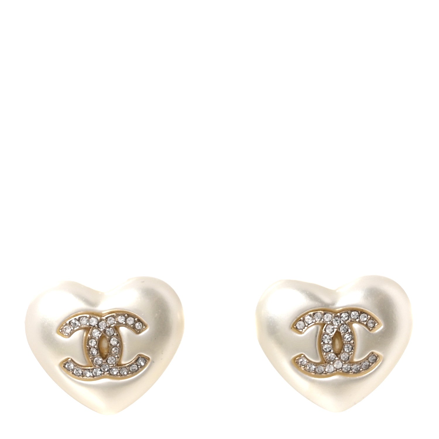 Chanel Pearl Crystal CC Heart Earrings Gold 1 of 5