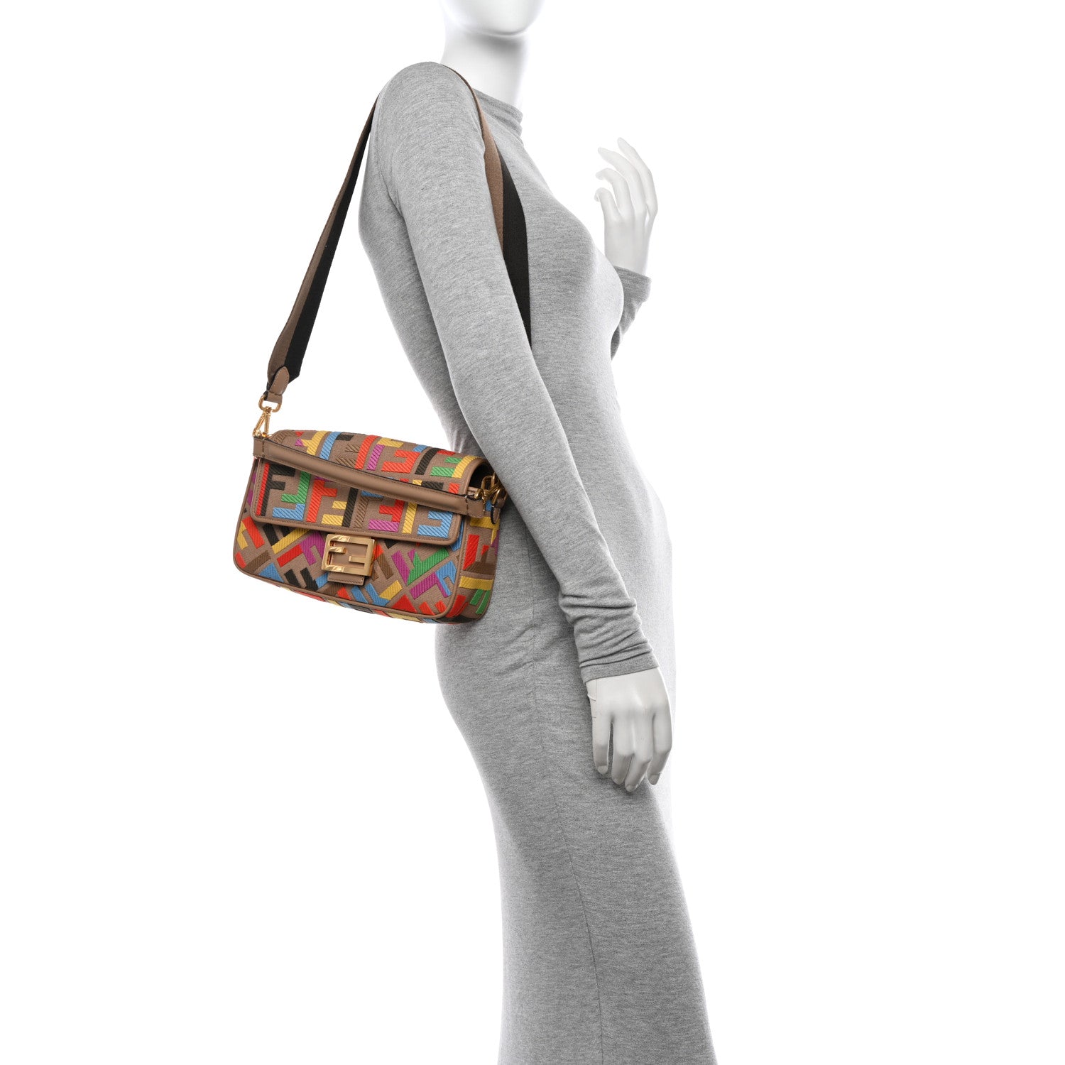 Fendi Canvas Vitello King FF Multicolor Embroidered Baguette Multicolor Cuoio 2 of 10