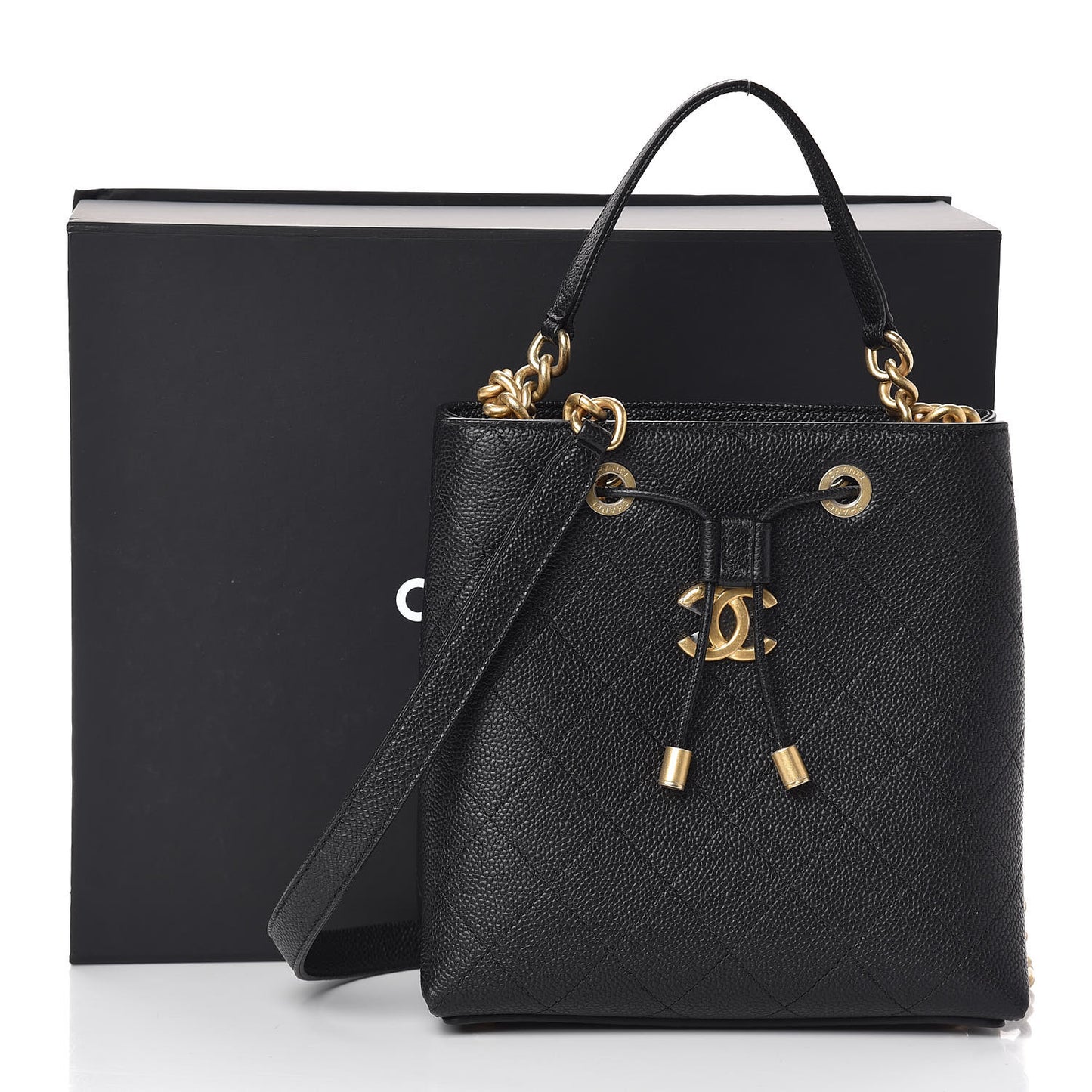 Grained Calfskin Stitched Small Drawstring Bag Black