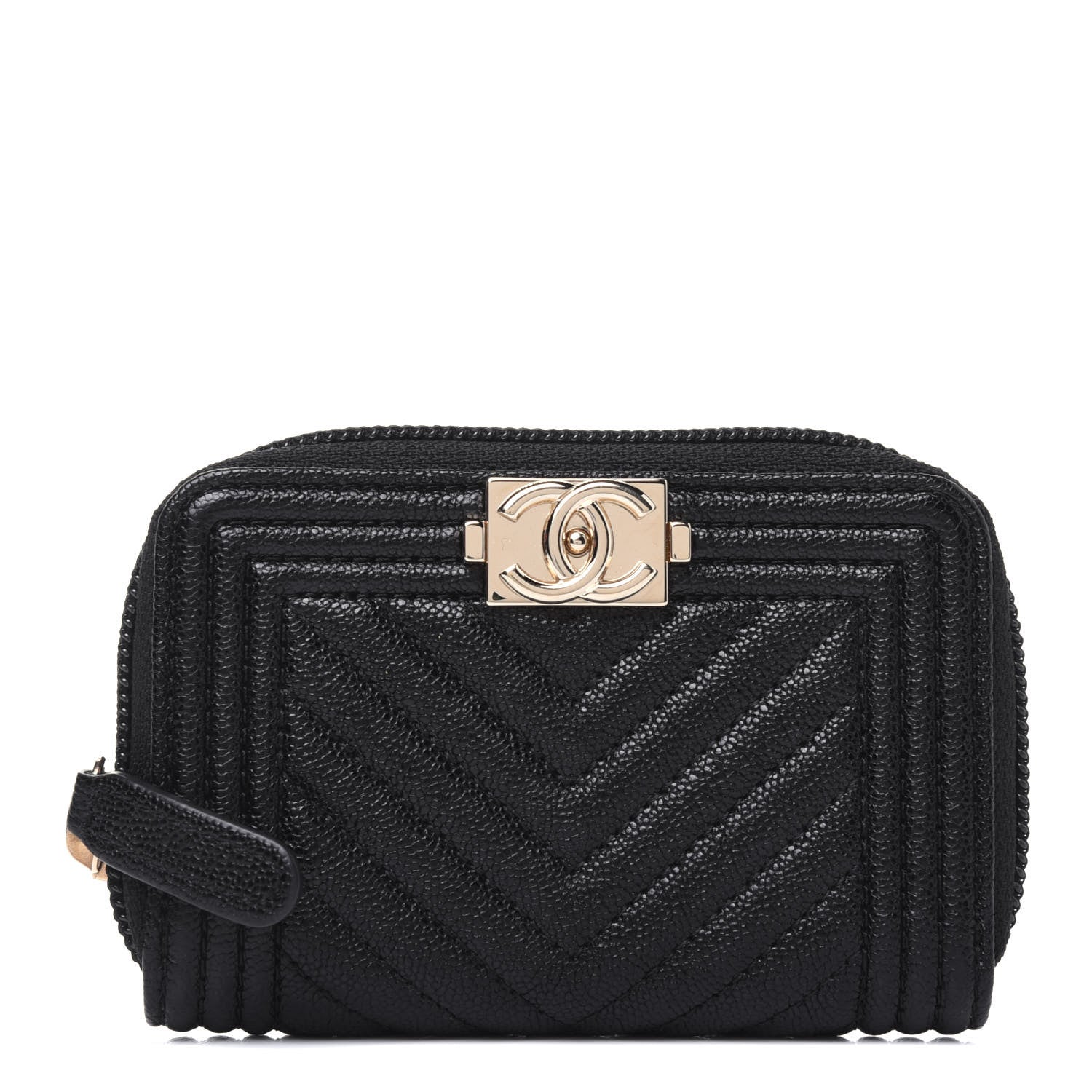 Chanel Caviar Chevron Quilted Boy Zip Around Coin Purse Wallet Black 1 of 12