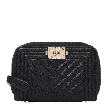 Chanel Caviar Chevron Quilted Boy Zip Around Coin Purse Wallet Black 1 of 12