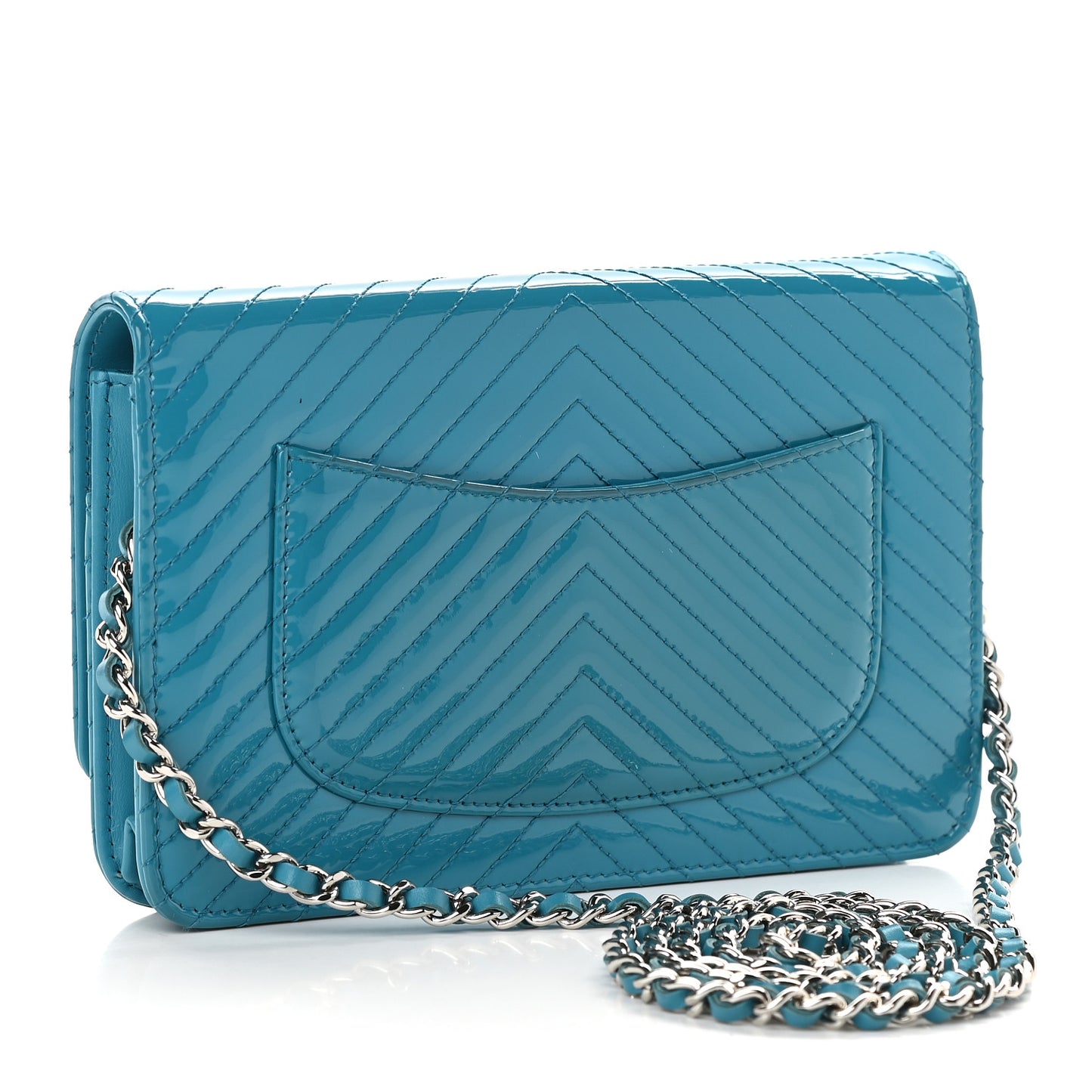 Patent Calfskin Chevron Quilted Wallet On Chain WOC Blue