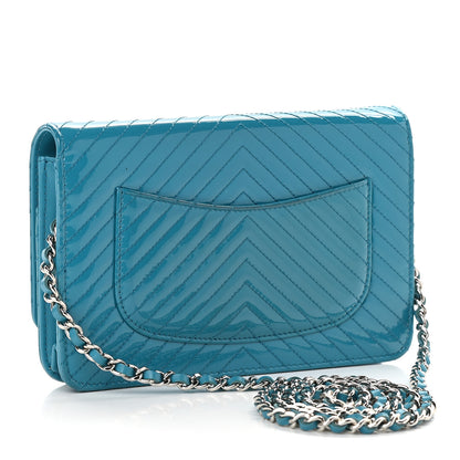 Chanel Patent Calfskin Chevron Quilted Wallet On Chain WOC Blue 2 of 10