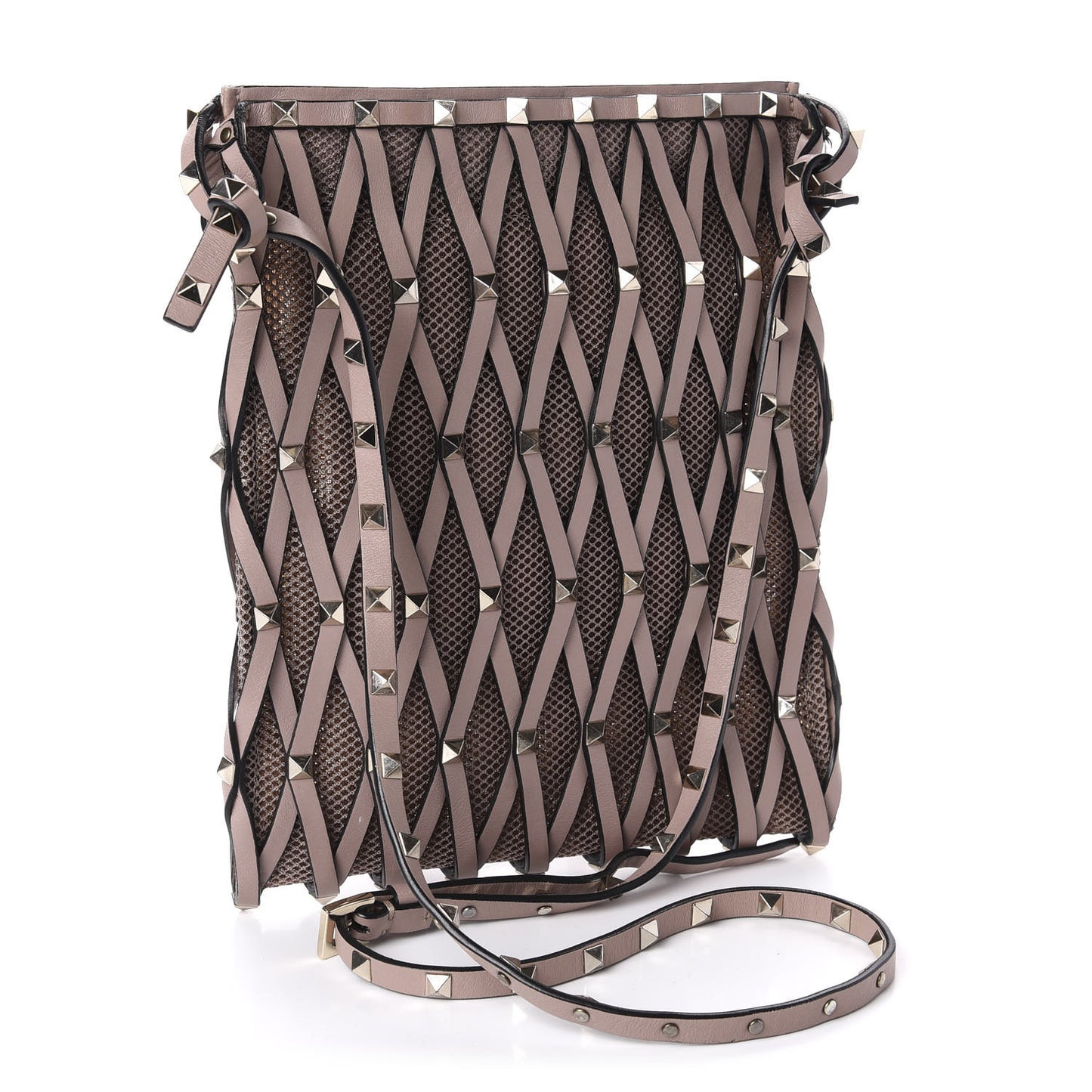 Vitello Rockstud Lattice Mesh Mini Crossbody Poudre