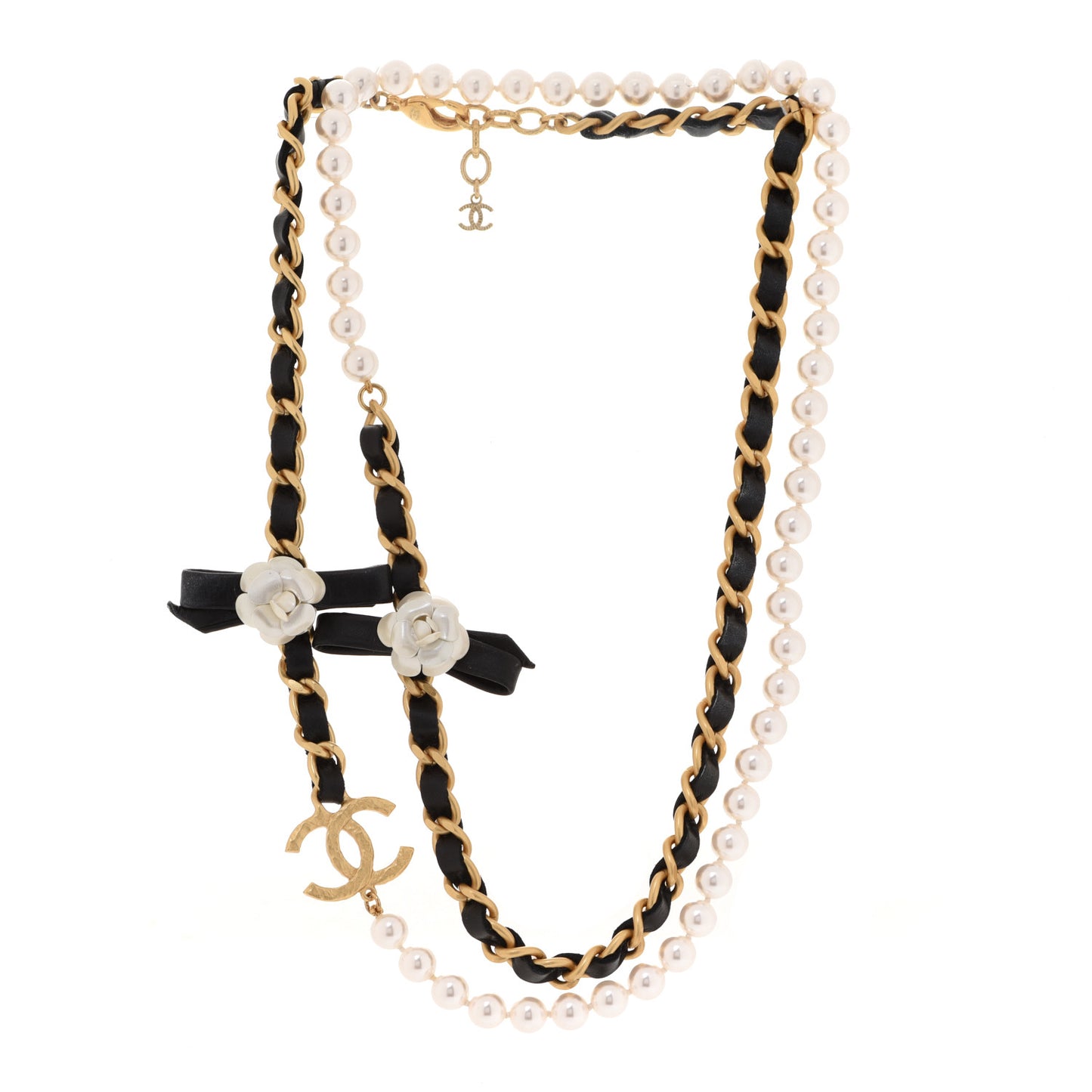 Pearl Lambskin CC Camellia Multi Strand Necklace Necklace Black Gold
